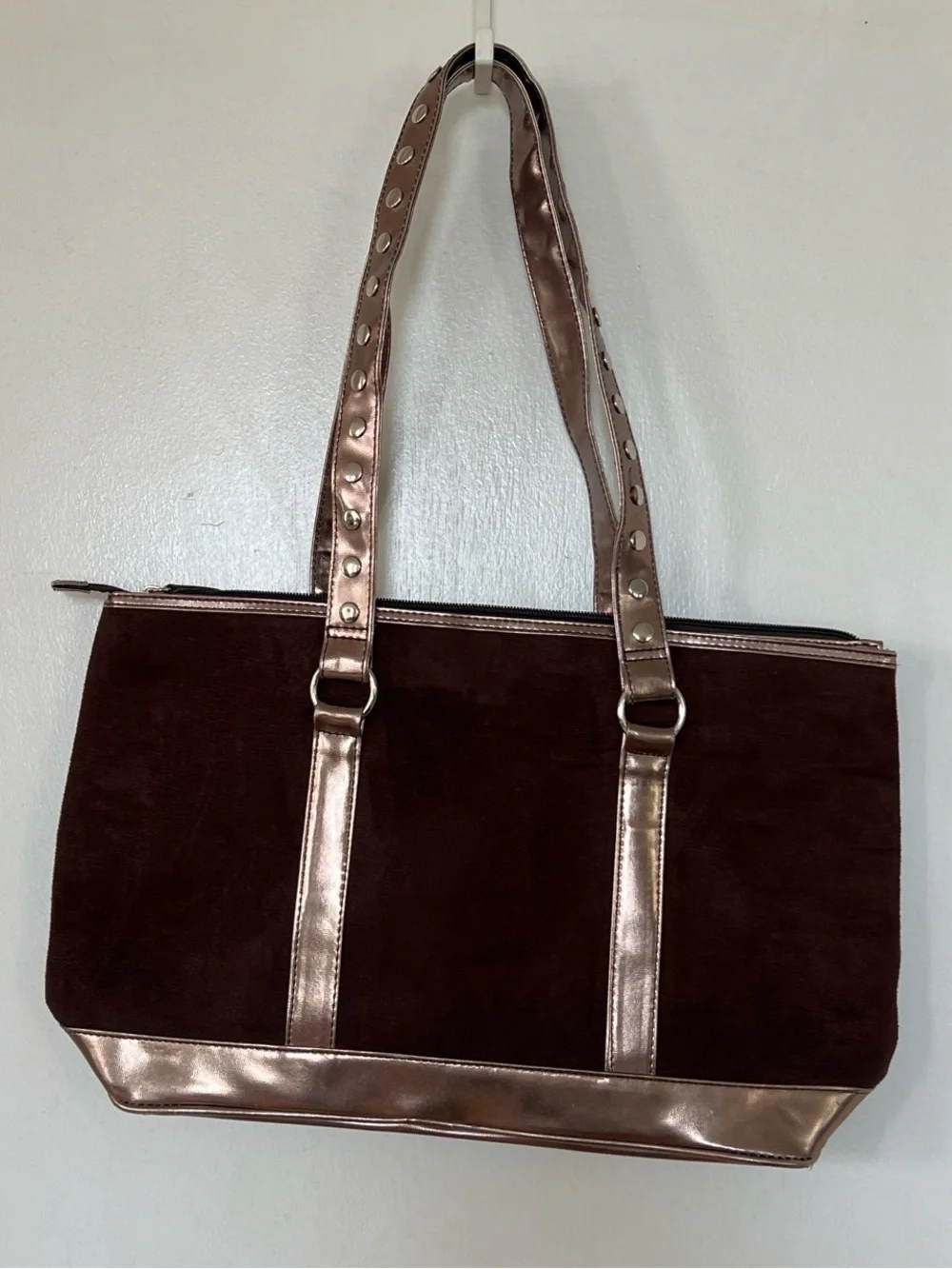 Metallic Rose Gold-Trim Brown Suede Tote Bag